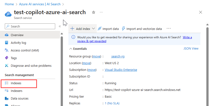 Snímek obrazovky, který zvýrazňuje možnost indexů na stránce instance služby Azure AI Search.