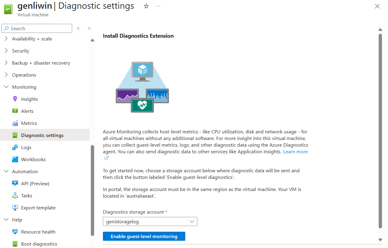 Screenshot shows steps to enable VM diagnostics.