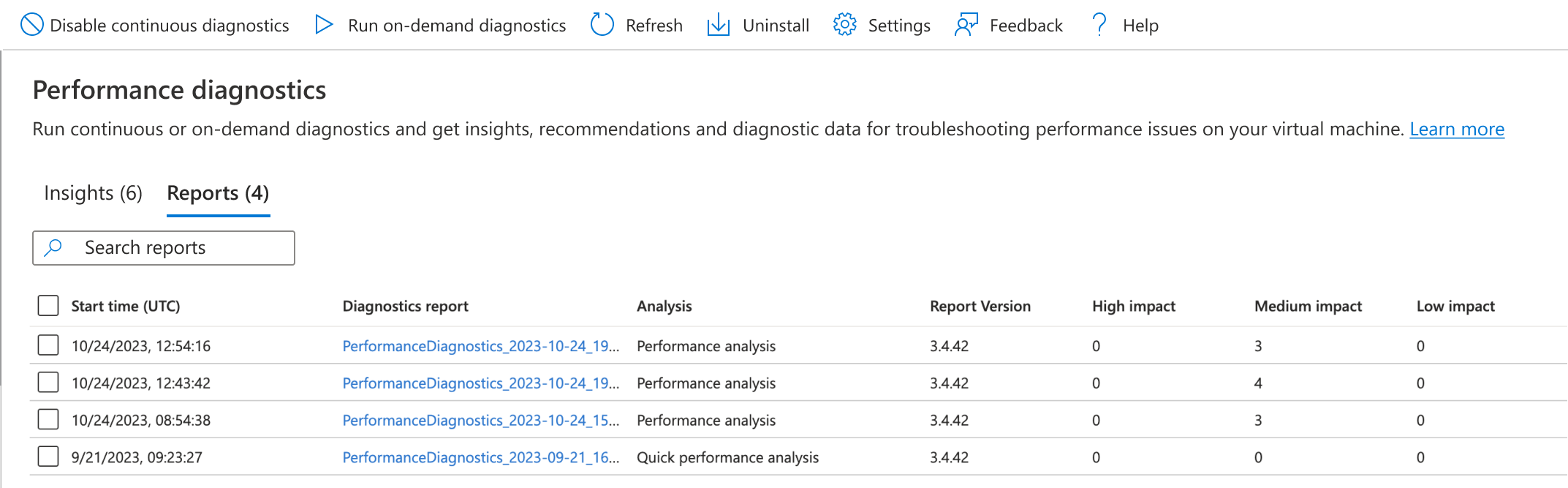 Screenshot of a list of diagnostics report in Performance diagnostics blade.