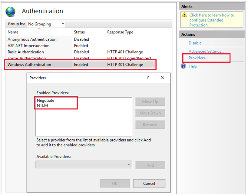 Providers settings in authentication.