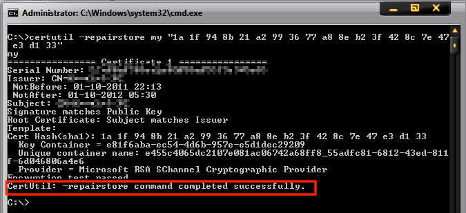 Screenshot of the command console showing a message that the command completed successfully.