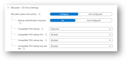 BitLocker OS Drive Settings that shows Compatible TPM startup set to Required.