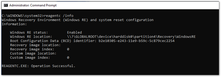 Output of the ReAgentC.exe command in Command Prompt.