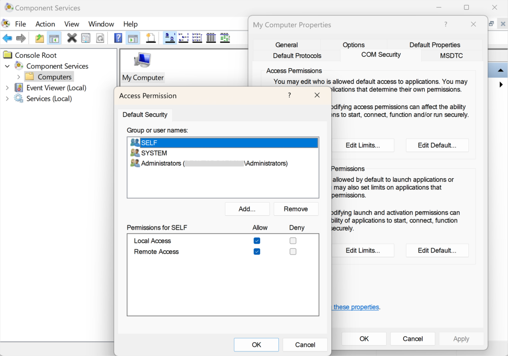 Screenshot of the Access Permission dialog box and its parent My Computer Properties dialog box.