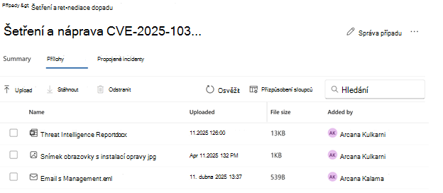 Snímek obrazovky s podrobnostmi karty Přílohy případu