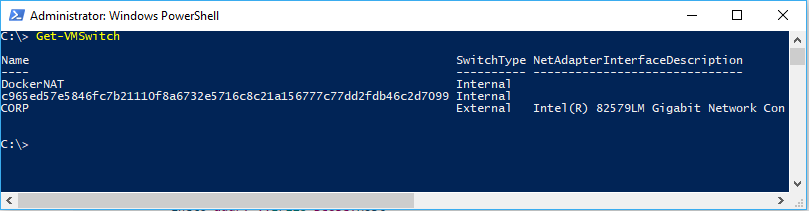 Illustrates the Get-VMSwitch PowerShell command