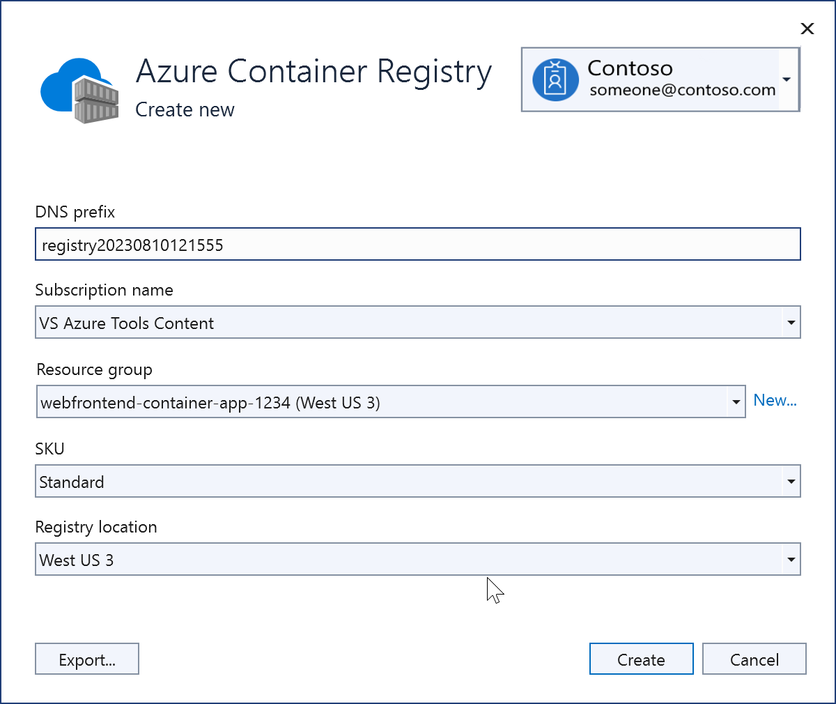 Snímek obrazovky znázorňující nový registr kontejneru Azure, který byl právě vytvořen