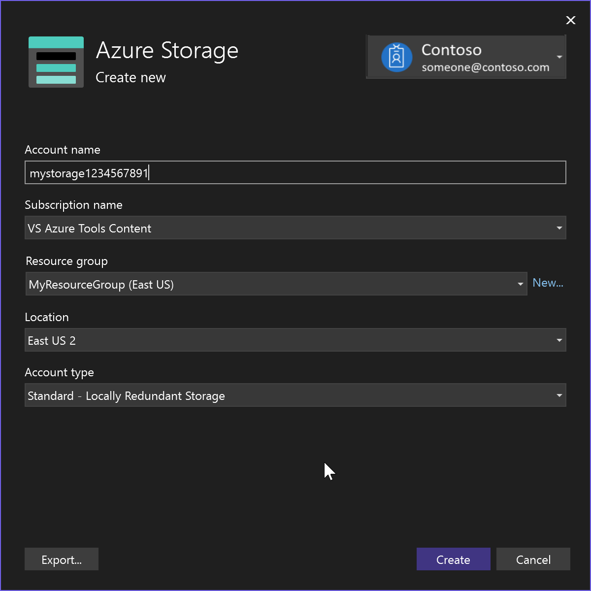 Nový účet Azure Storage