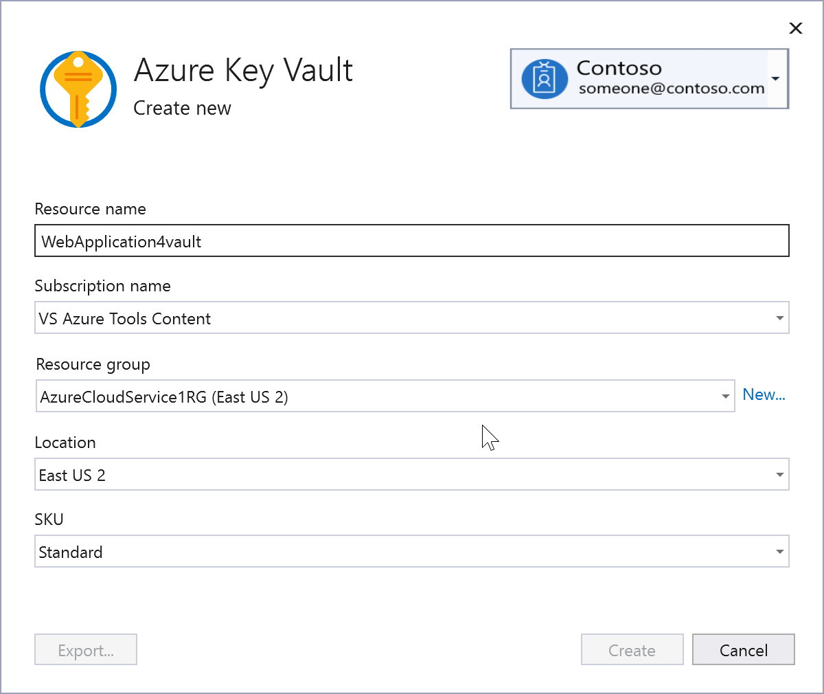 Snímek obrazovky Vytvoření služby Azure Key Vault