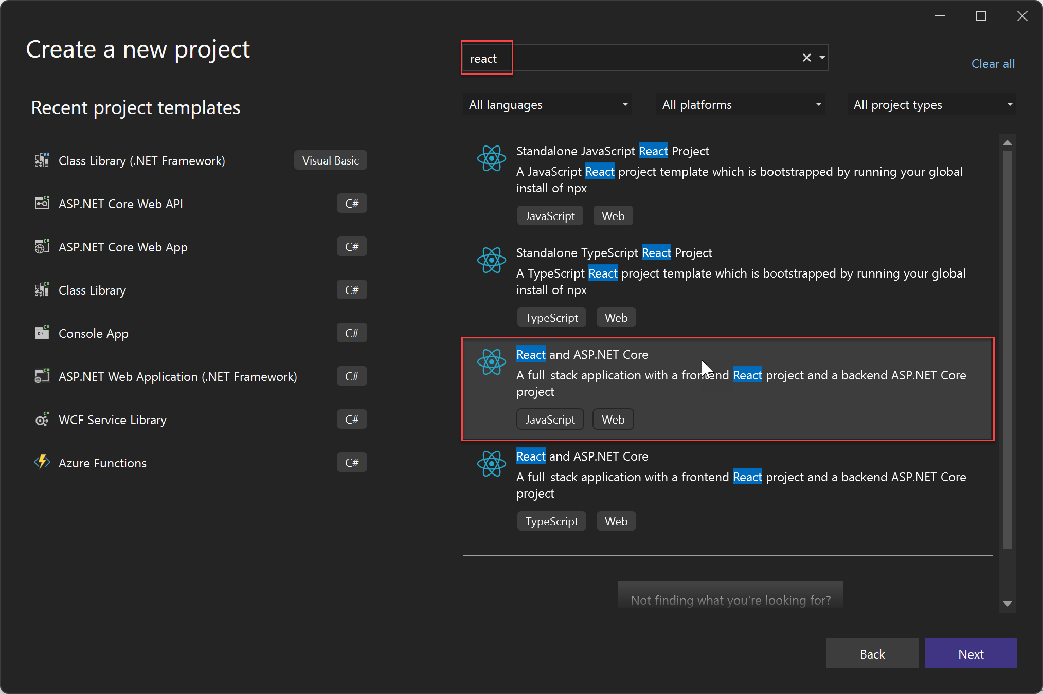 Snímek obrazovky s vytvořením nového projektu React a ASP.NET Core