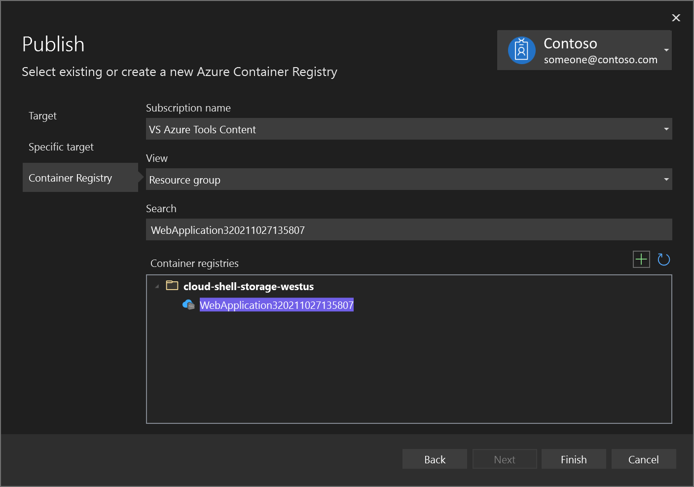 Snímek obrazovky s dialogovým oknem Publikovat zobrazující vytvořenou službu Azure Container Registry