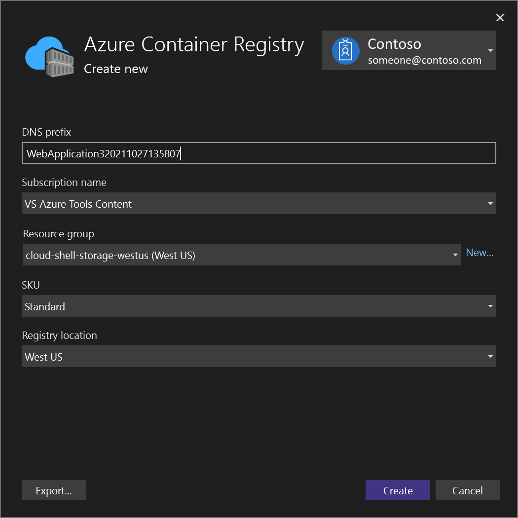 Snímek obrazovky s dialogovým oknem Pro vytvoření služby Azure Container Registry v sadě Visual Studio