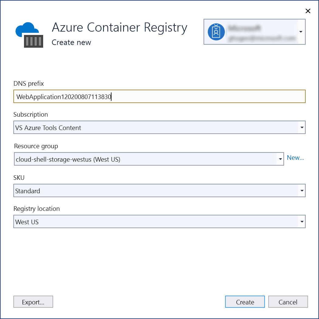Snímek obrazovky s dialogovým oknem Pro vytvoření služby Azure Container Registry v sadě Visual Studio