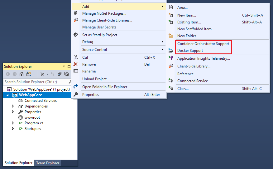 Snímek obrazovky znázorňující přidání možnosti nabídky Podpory Dockeru v sadě Visual Studio