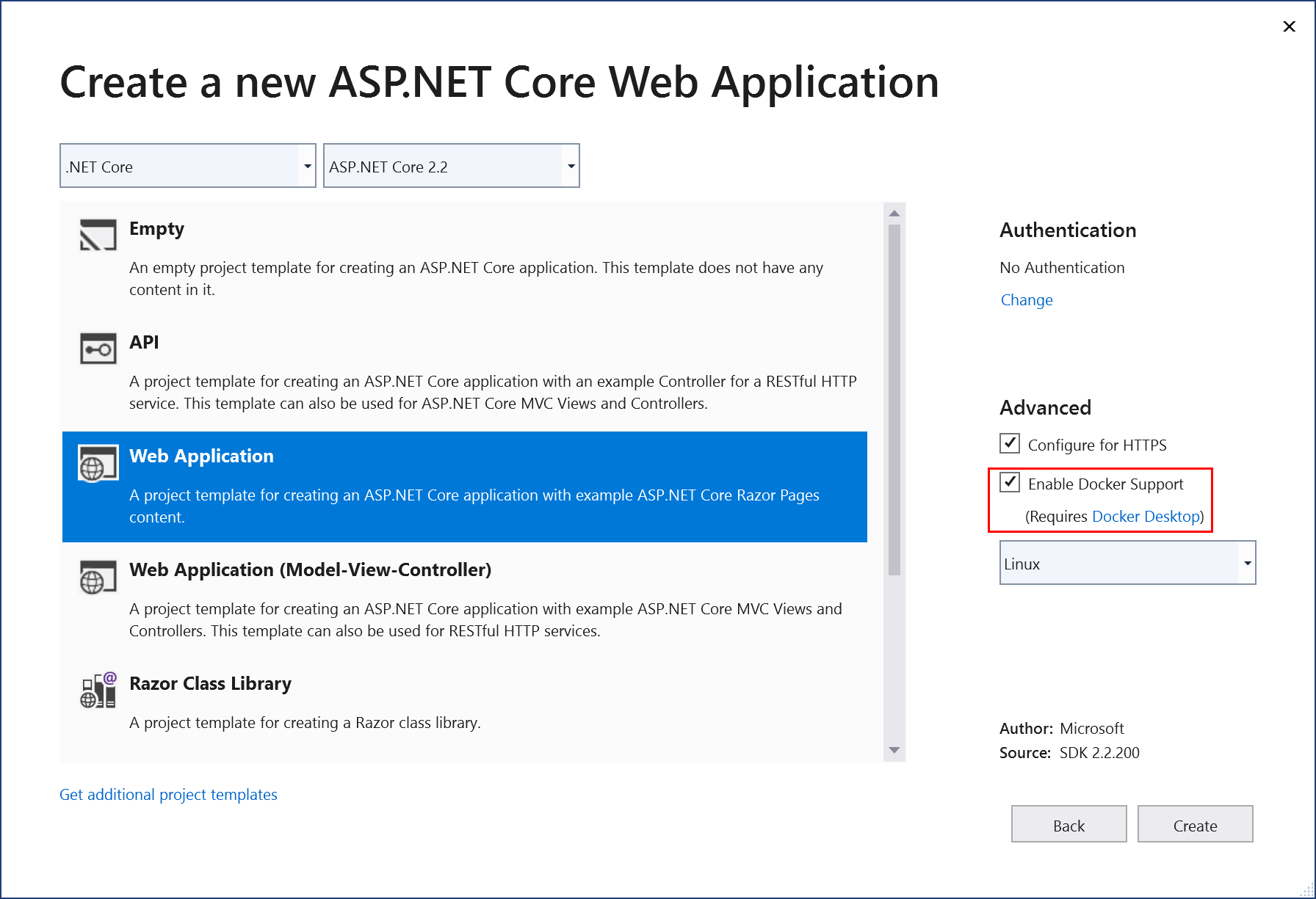 Screenshot showing how to enable Docker Support for new ASP.NET Core web app in Visual Studio.