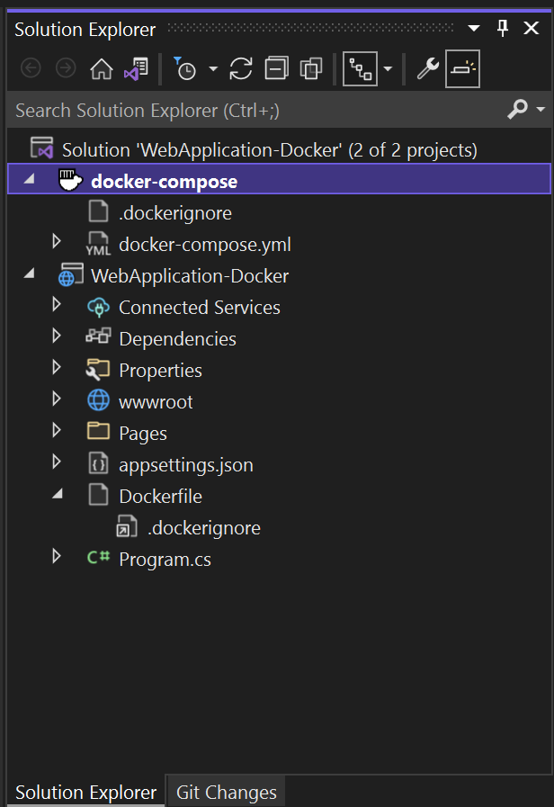 Snímek obrazovky se soubory Dockeru v Průzkumník řešení v sadě Visual Studio