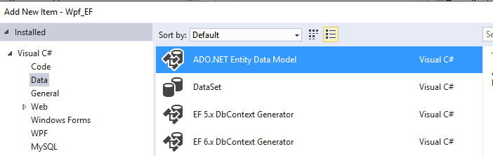 Snímek obrazovky s novou položkou modelu Entity Framework