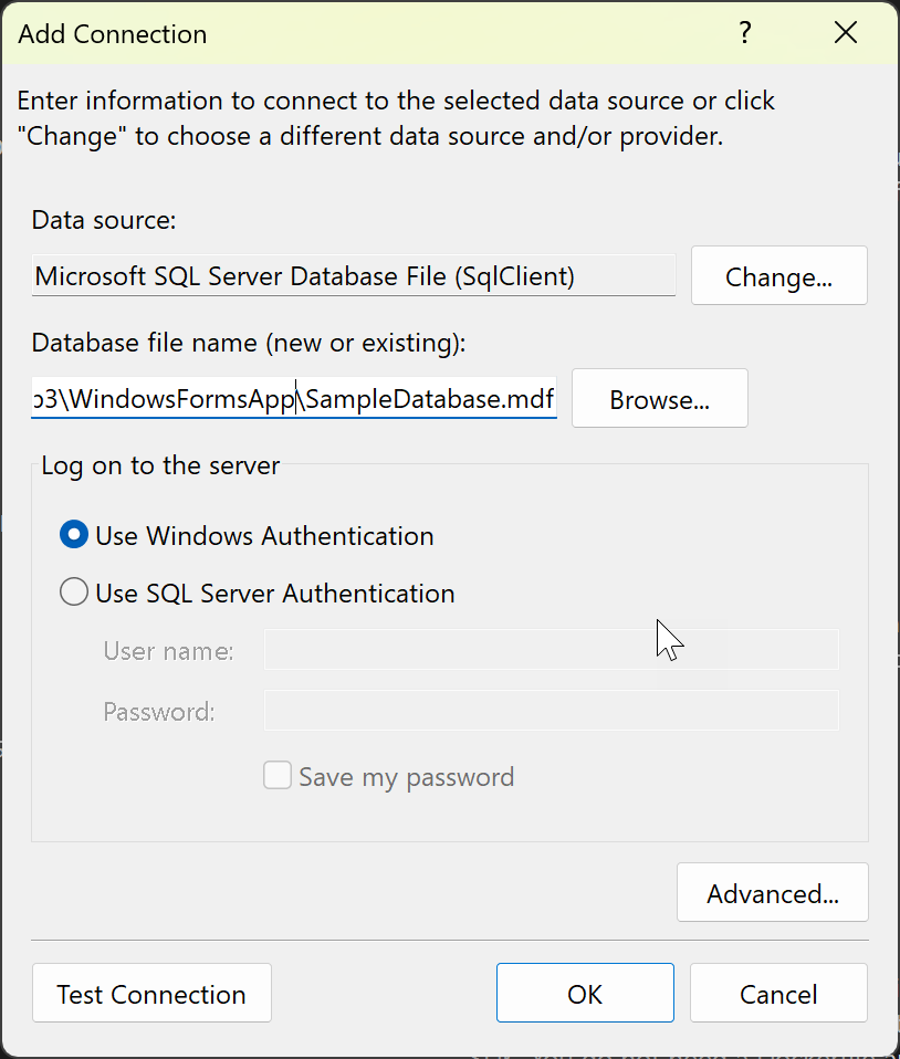 Snímek obrazovky s dialogovým oknem Přidat Připojení ion a připojením k souboru služby SQL Database