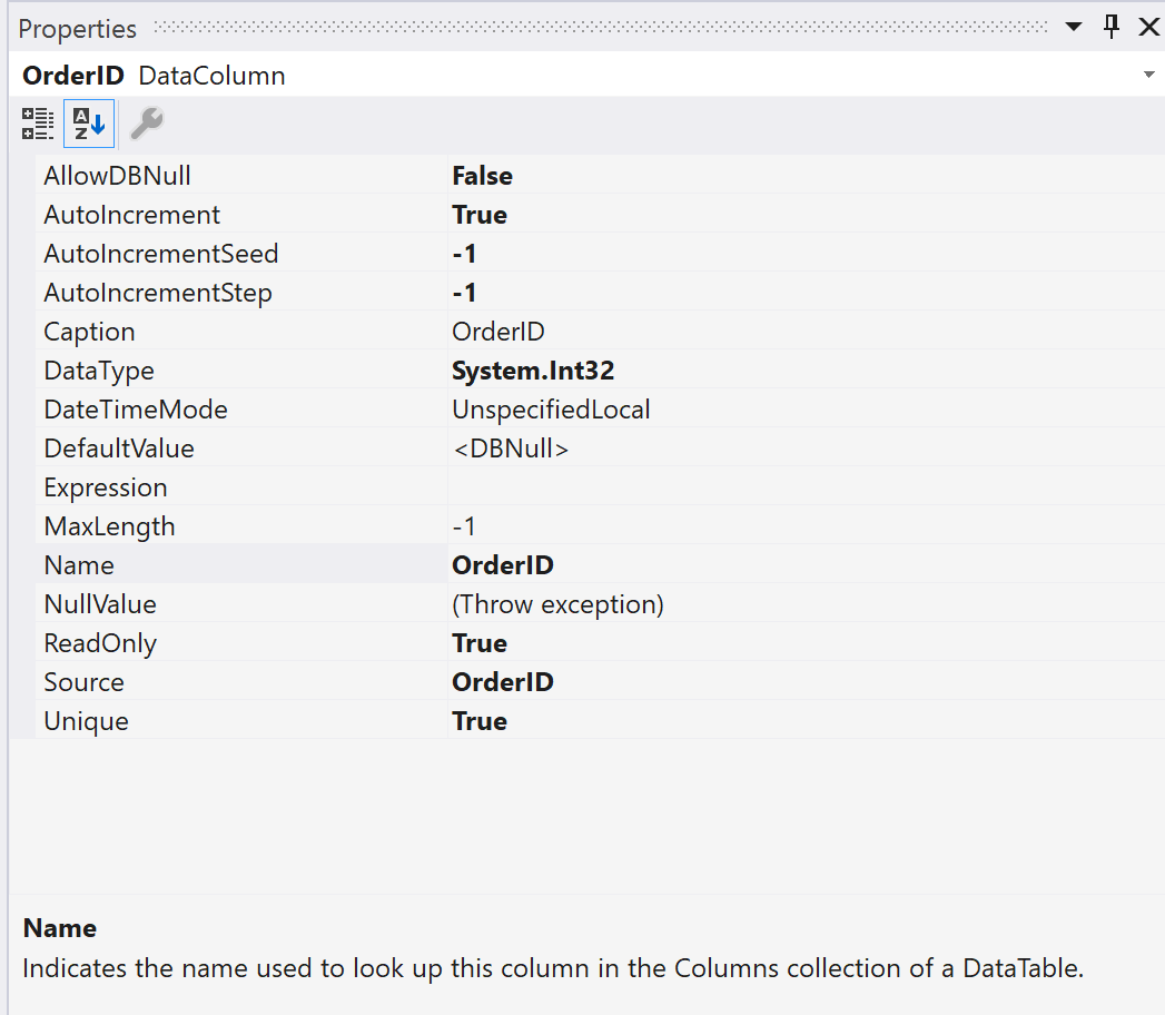 Snímek obrazovky znázorňující vlastnosti sloupce Datové sady
