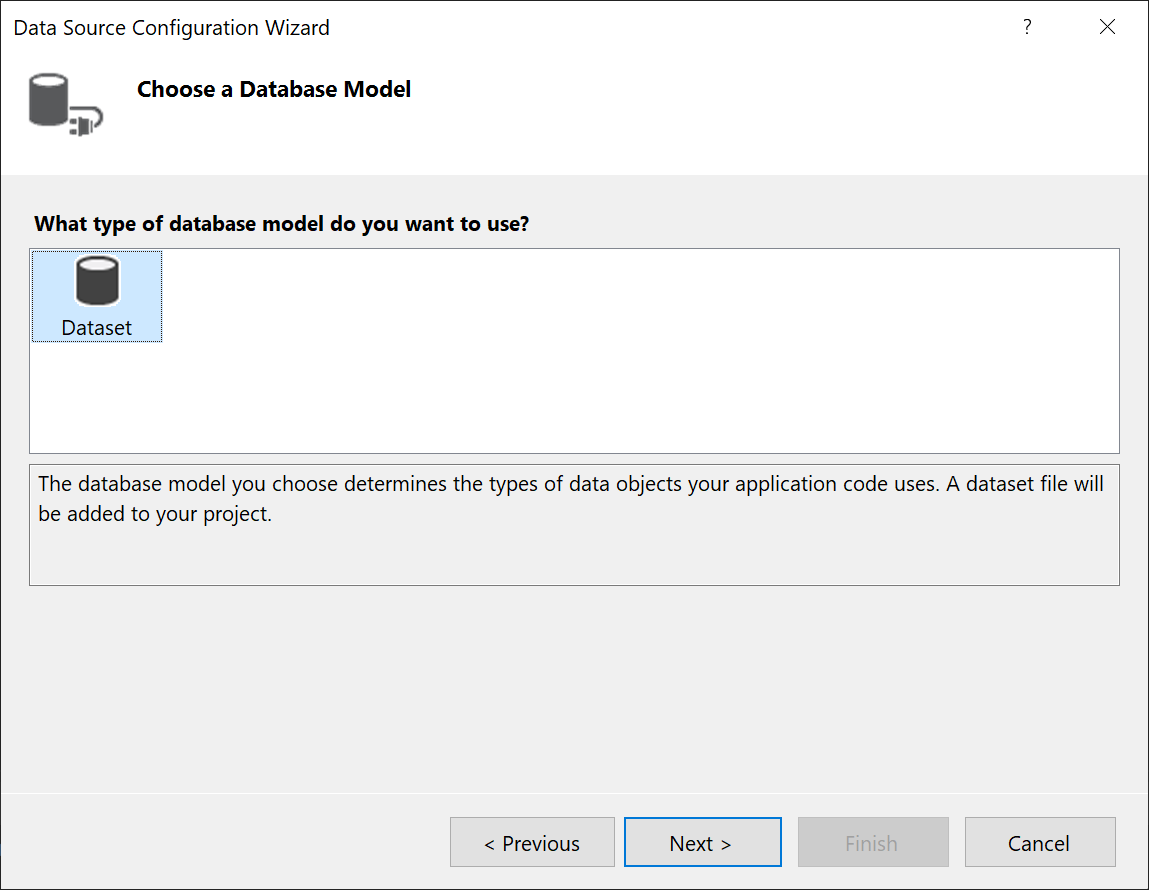 Snímek obrazovky znázorňující výběr datové sady jako modelu databáze