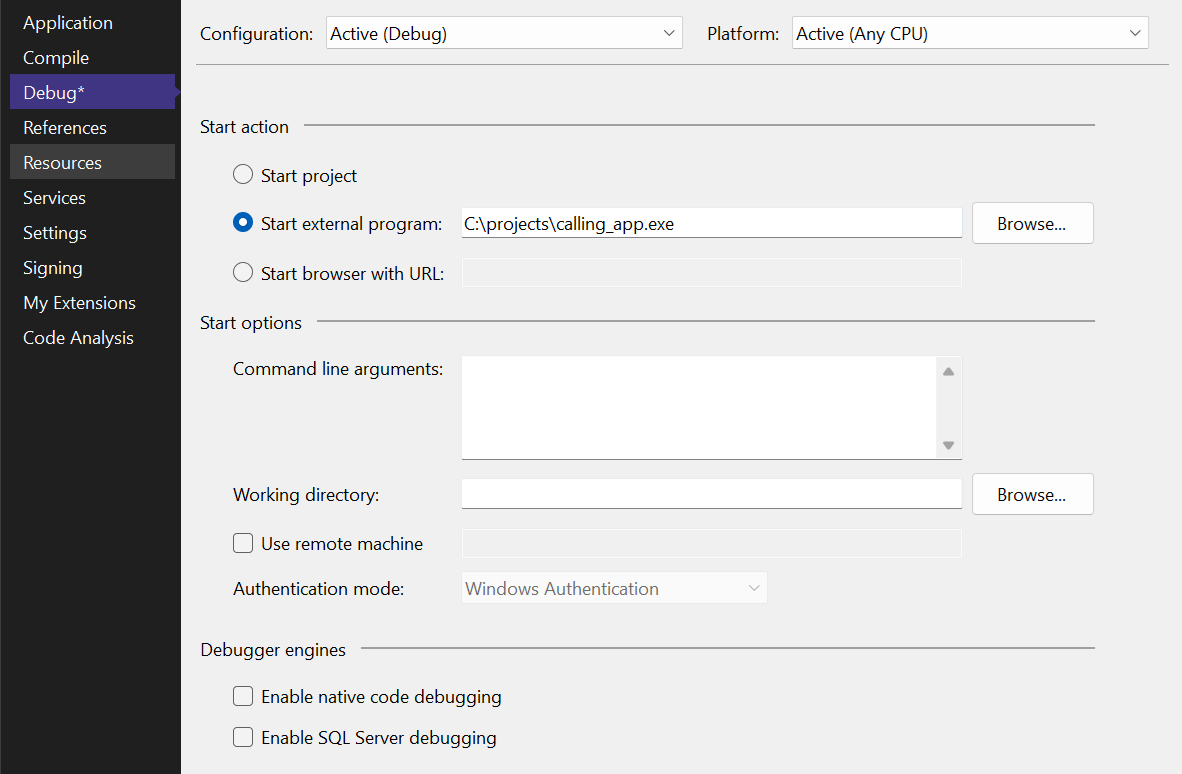 C# Debug Properties window C# Debug Properties window