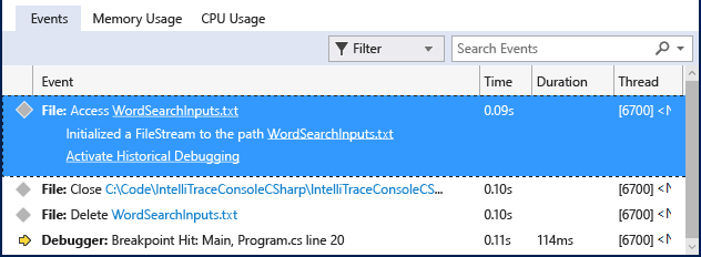Snímek obrazovky karty Události v okně Visual Studio Diagnostic Tools. Událost je vybrána a rozbalena, aby se zobrazily její podrobnosti.