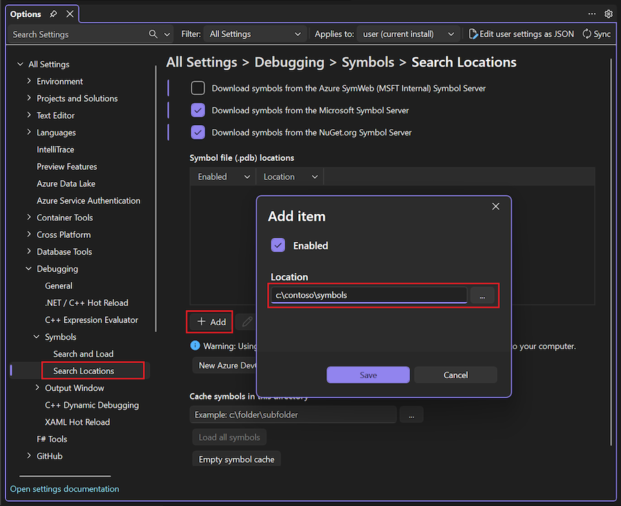 Snímek obrazovky, který ukazuje, jak přidat nové umístění serveru symbolů ve Visual Studio.