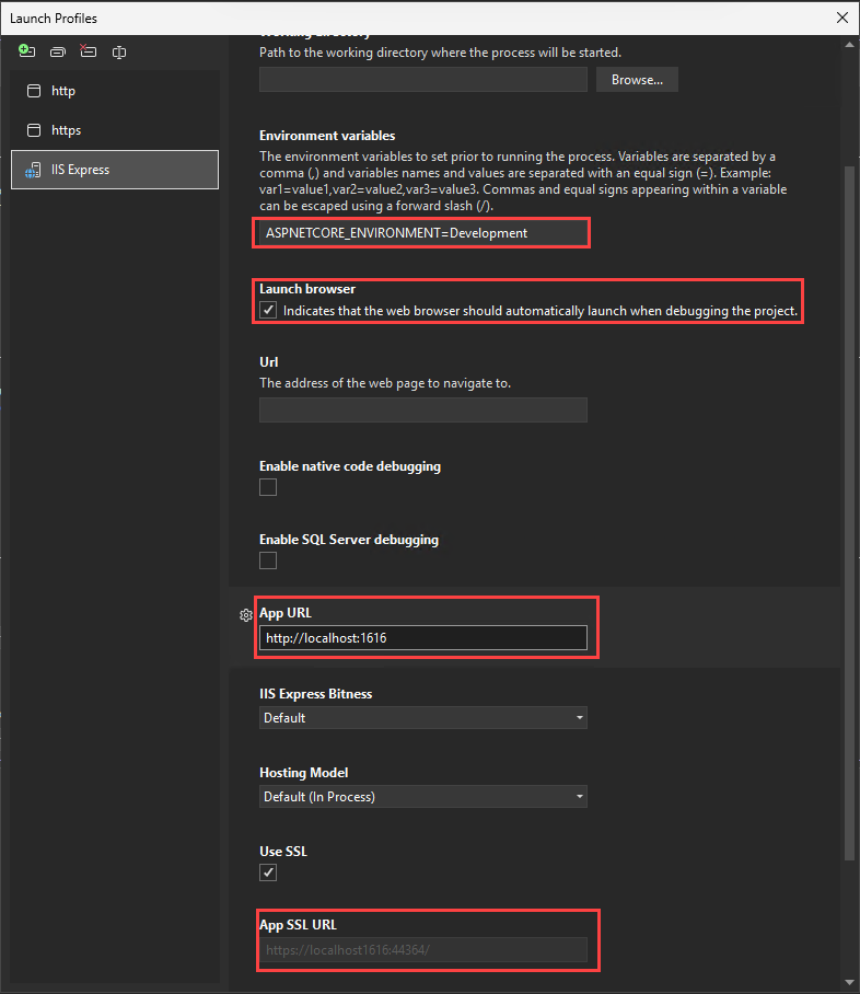 Snímek obrazovky znázorňující nastavení ladicího programu ASP.NET Core