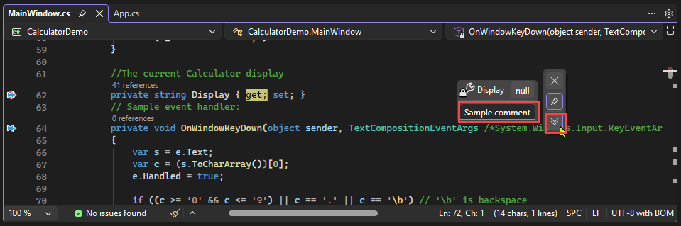 Screenshot, který ukazuje, jak zadat komentáře do datového tipu v Visual Studio.