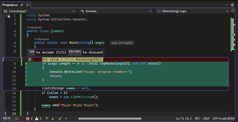 Snímek obrazovky s opravou, kterou navrhl Copilot