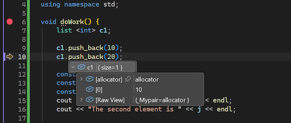 Screenshot, který ukazuje, jak zobrazit datové tipy pro proměnné kódu v Visual Studio debugger.