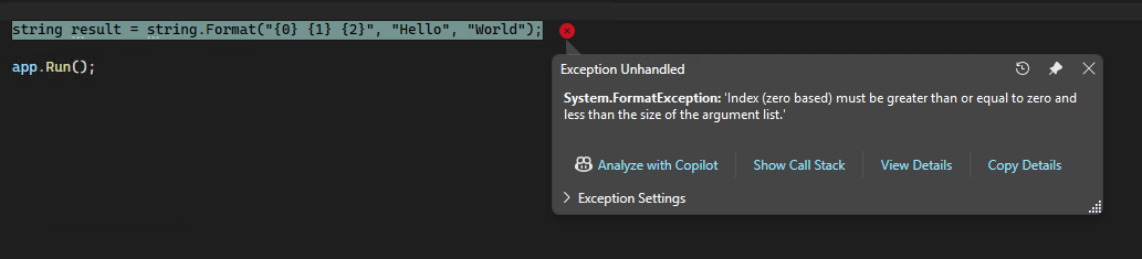 Snímek obrazovky znázorňující system.FormatException