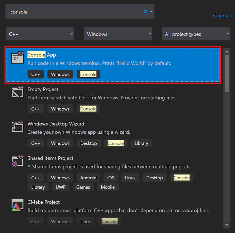 snímek obrazovky, který ukazuje, jak vyhledat a vybrat šablonu konzolové aplikace v okně Start sady Visual Studio