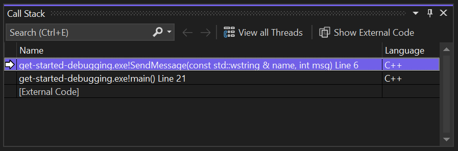 Snímek obrazovky, který ukazuje, jak prozkoumat zásobník volání v aplikaci Visual Studio 2022.