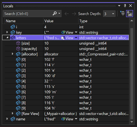 Snímek obrazovky, který ukazuje, jak zkontrolovat proměnné a hodnoty v okně Místní v sadě Visual Studio 2022