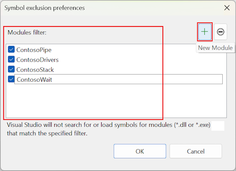 Snímek obrazovky s určením vyloučených modulů