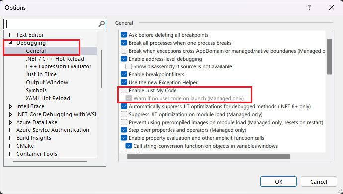 Snímek obrazovky s nastavením ladění sady Visual Studio