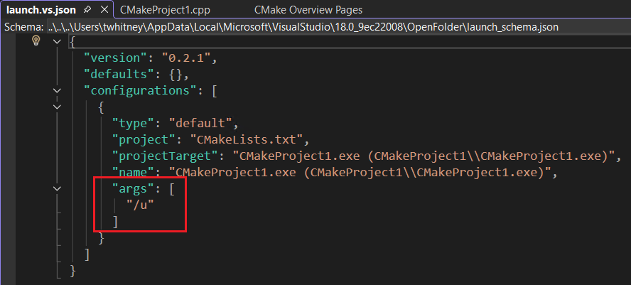 Snímek obrazovky se souborem launch.vs.json se zvýrazněným prvkem args