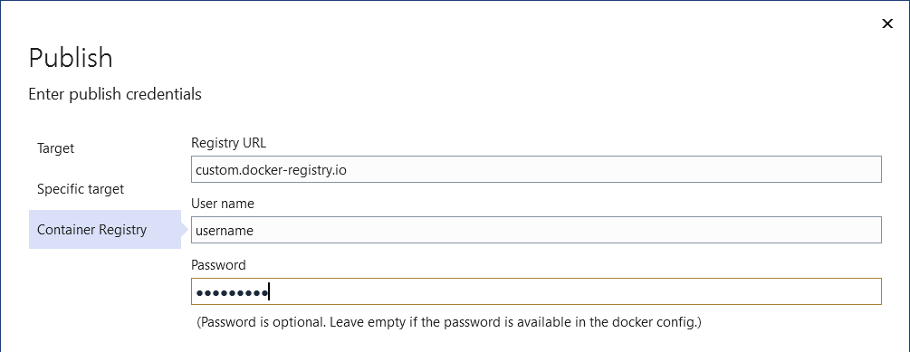 Snímek obrazovky znázorňující možnost publikování do jiného registru kontejneru Dockeru