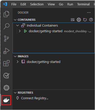 Screenshot shows the Docker extension with the docker/getting-started tutorial running.