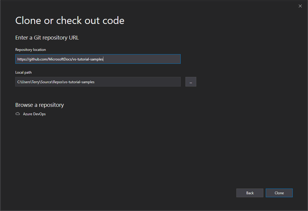Snímek obrazovky s oknem Klonovat nebo rezervovat kód s oddílem Procházet úložiště, který uvádí Azure DevOps v sadě Visual Studio 2019 verze 16.7 a starší