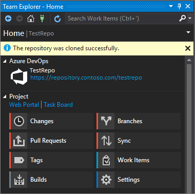 Snímek obrazovky s oknem Team Explorer v sadě Visual Studio 2019 verze 16.7 a starší po dokončení klonování