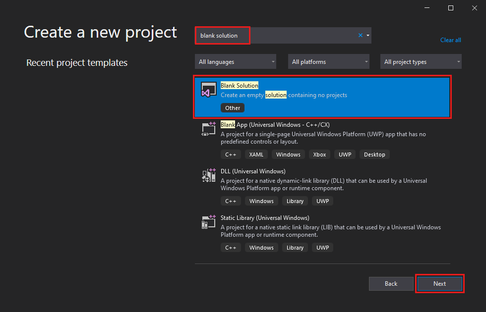 The Blank Solution template in Visual Studio 2019. Screenshot that shows a Blank Solution template selected in Visual Studio 2019.