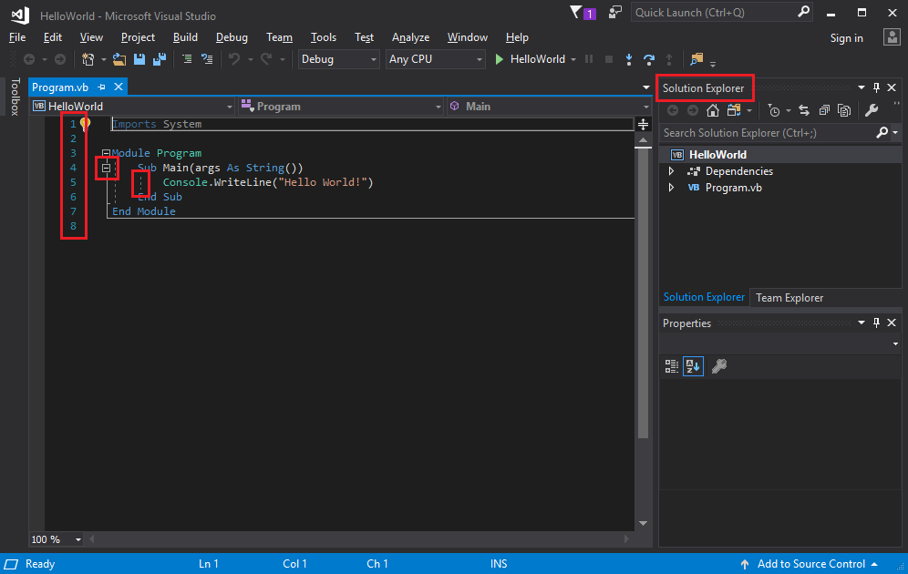 Snímek obrazovky znázorňující integrované vývojové prostředí sady Visual Studio s červenými poli