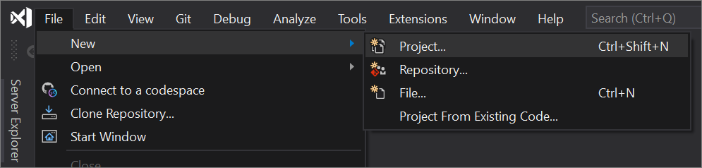 Snímek obrazovky s > výběrem souboru nového > projektu v řádku nabídek sady Visual Studio 2019