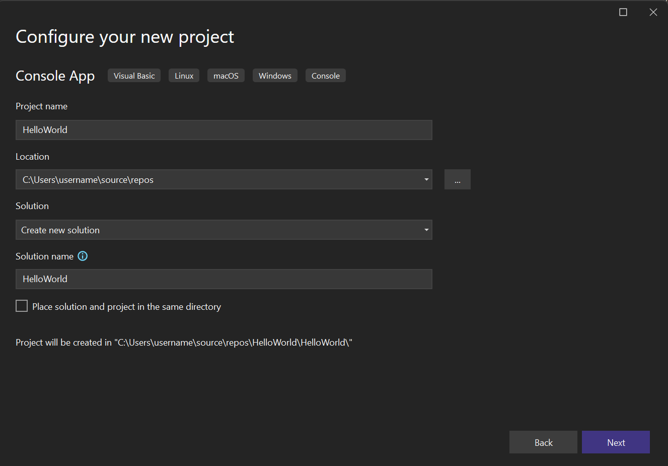 Snímek obrazovky s oknem Konfigurovat nový projekt se zadaným názvem HelloWorld