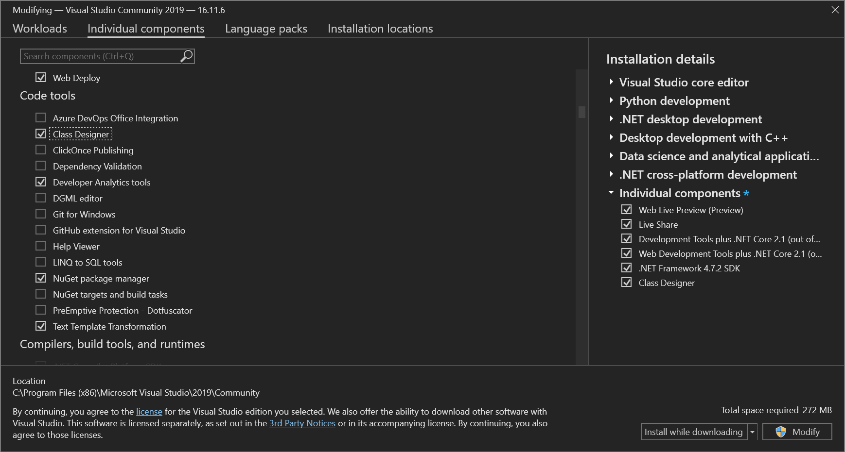 Snímek obrazovky komponenty Návrhář tříd v Instalační program pro Visual Studio