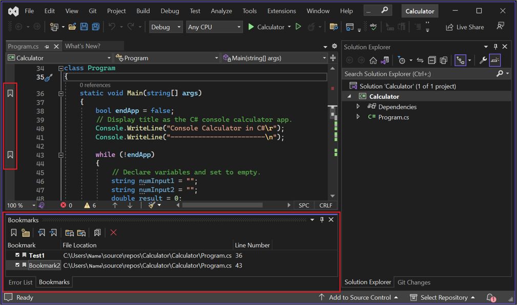 Snímek obrazovky s oknem Záložky v sadě Visual Studio s přidanou záložkou