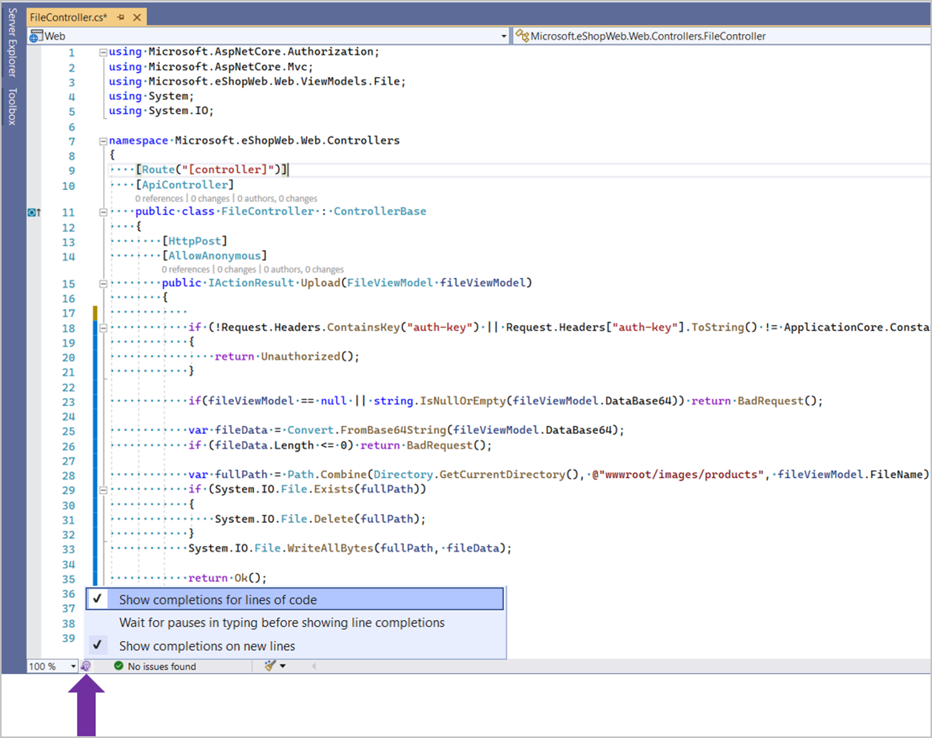 Snímek obrazovky s nastavením zapnutí nebo vypnutí automatických dokončování IntelliCode po celých řádcích