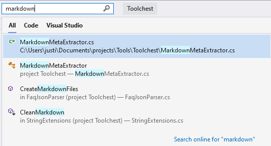 Snímek obrazovky znázorňující příklad hledání souboru pomocí hledání v sadě Visual Studio
